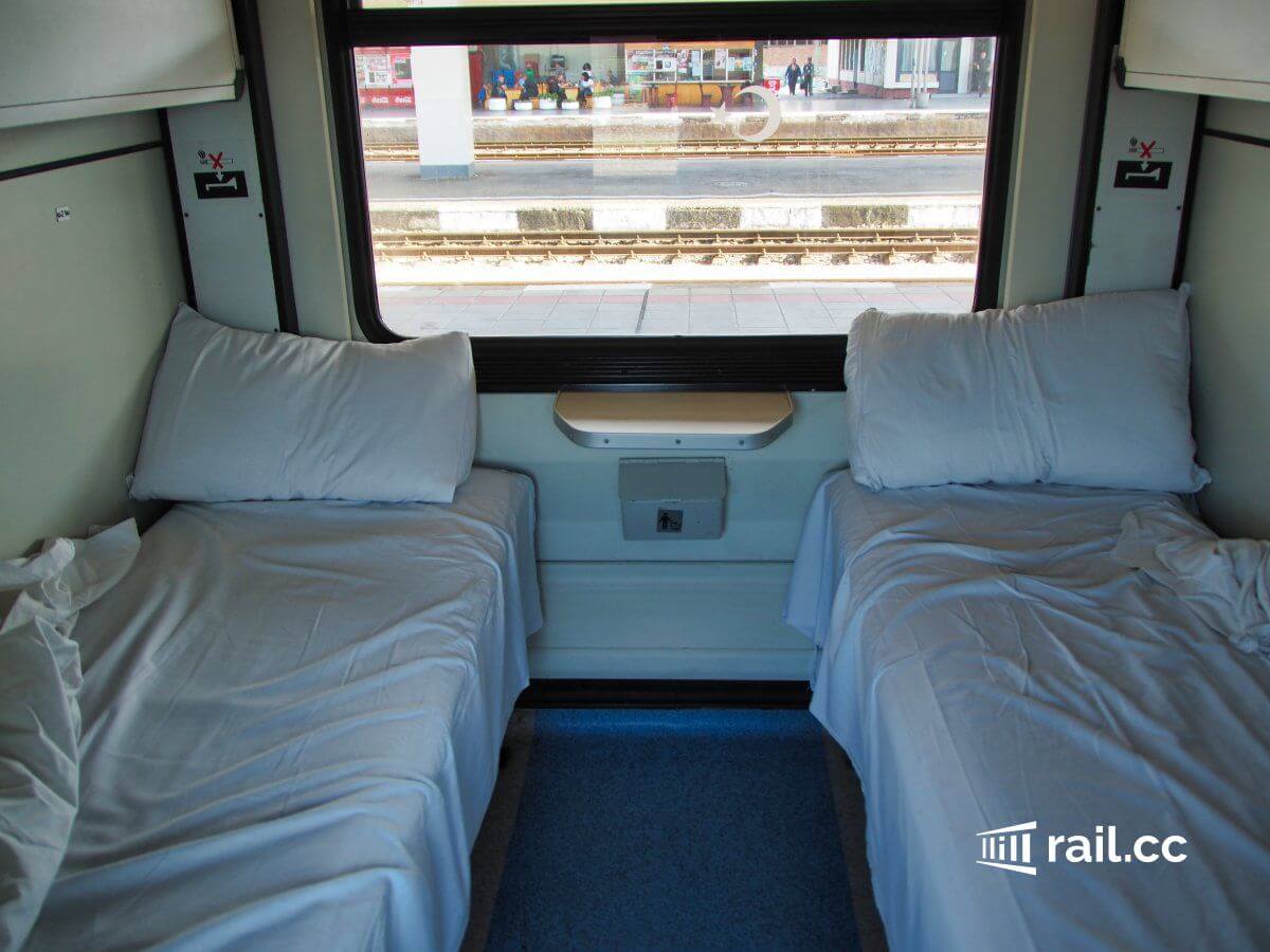 in one compartment the lower beds are already prepared for the night