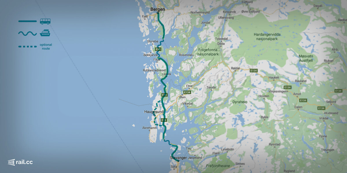 Stavanger to Bergen route map for Kystbussen bus