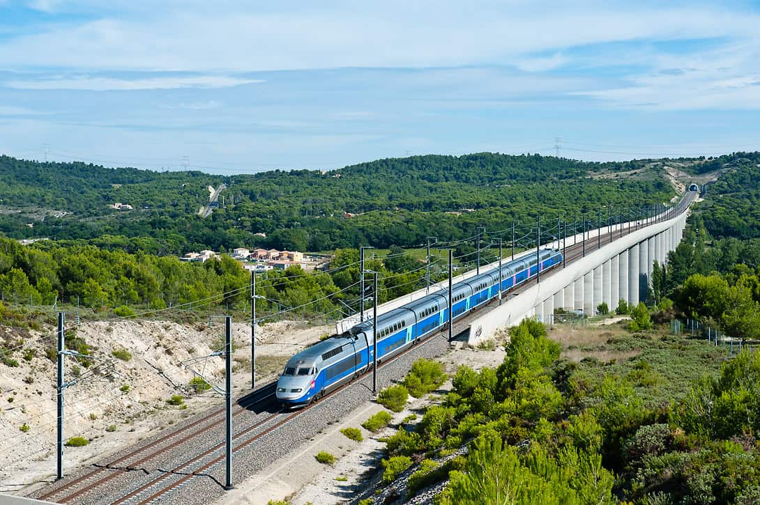 TGV Duplex on the way from Marseille to Paris on the Viaduc de Vernègues between Aix-en-Provence and Avignon.