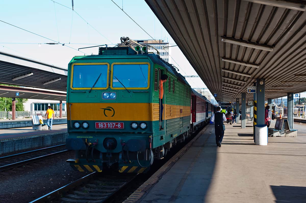 The night train from Prague has arrived in Kosice. The first coach behind the loco is our through sleeping car from Bratislava.