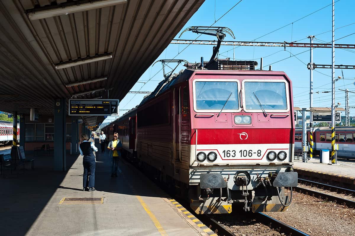 Regional train to Cierna nad Tisou ready for departure at Kosice station. At the rear it conveys the through sleeping car from Prague to Lviv.