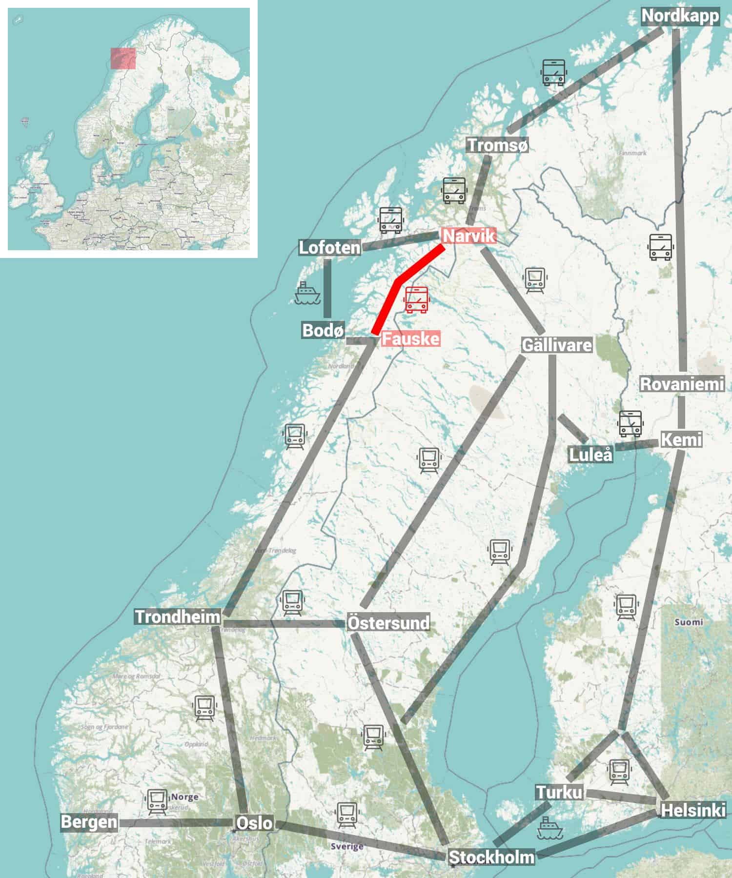 Map Fauske to Narvik by Bus