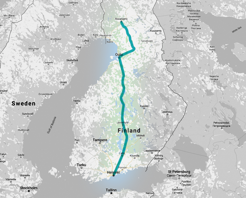 Map from Helsinki to Rovaniemi and Santa Claus Village