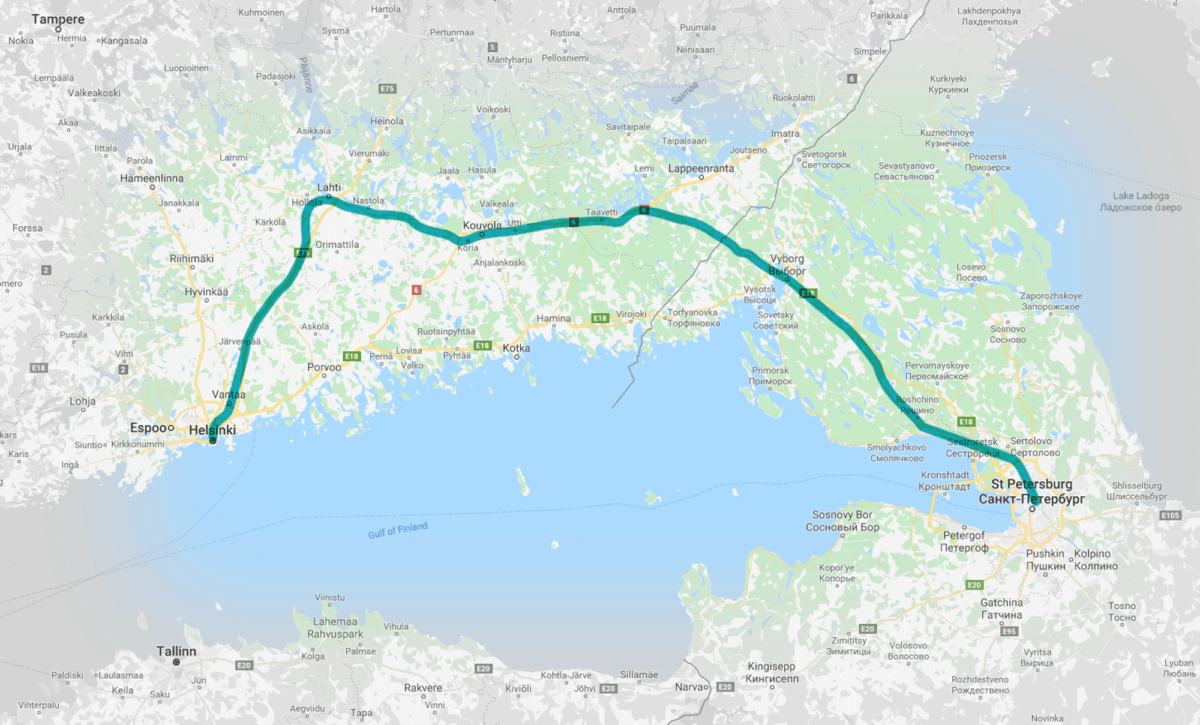 Train route map Saint Petersburg to Helsinki