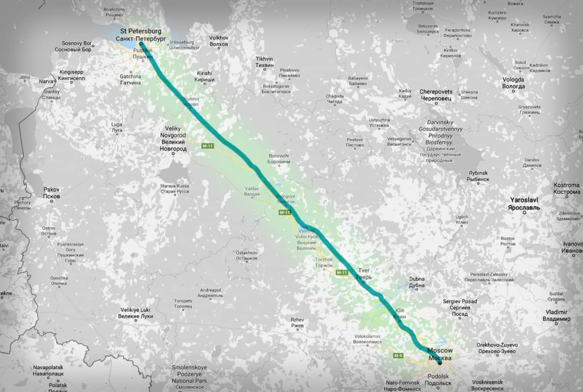 Landkarte Zugverbindung Moskau nach Sankt Petersburg