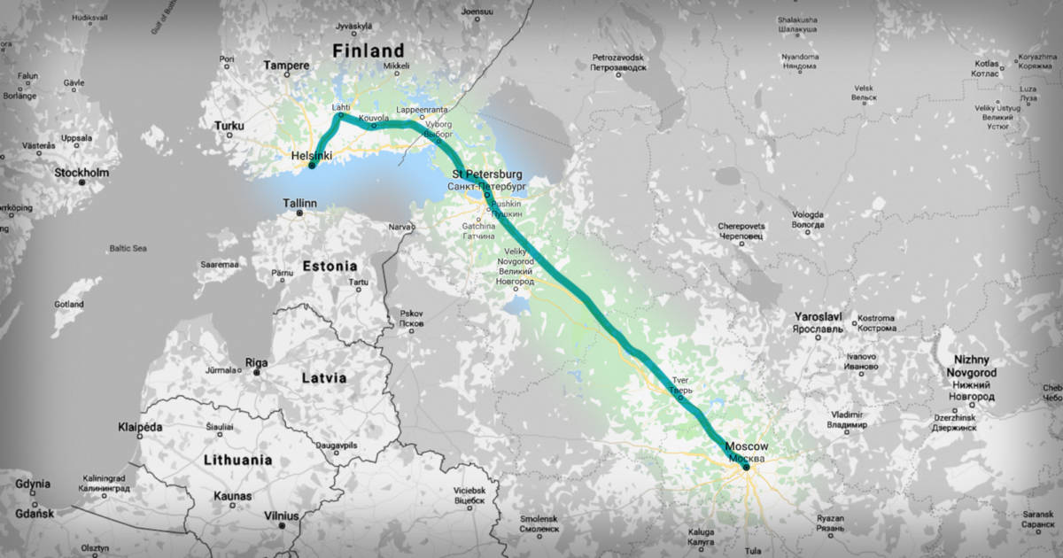 Route map of Tolstoi night train from Helsinki to Moscow