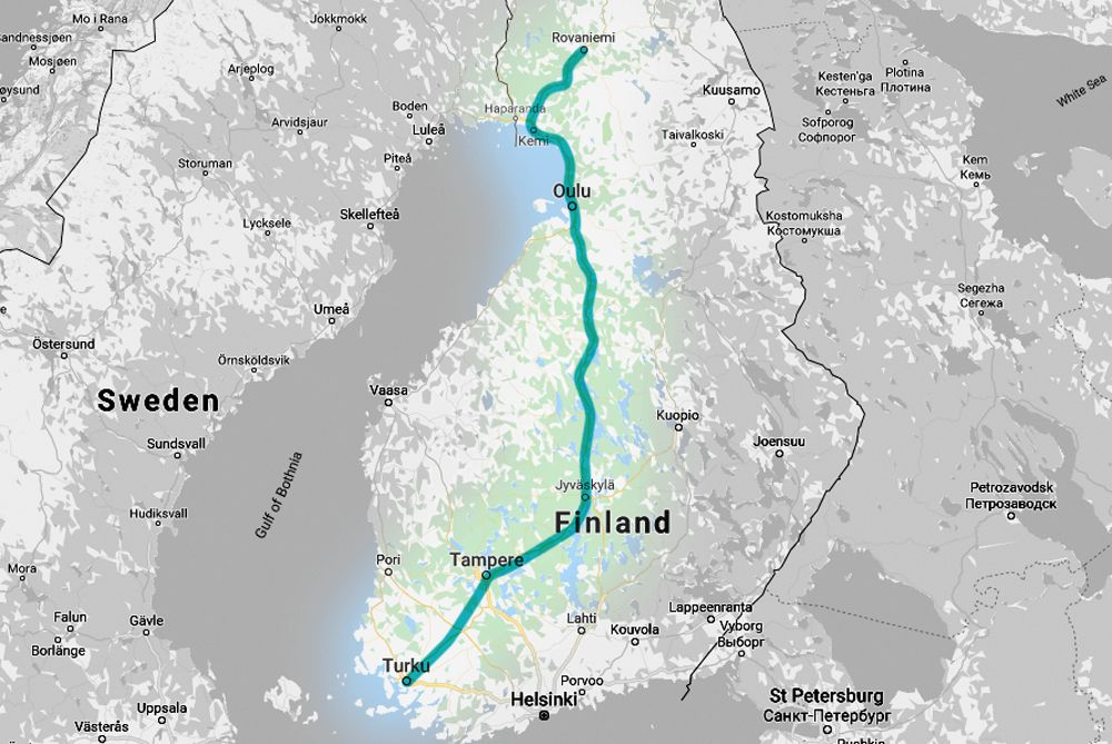 Zugstrecke von Rovaniemi nach Turku